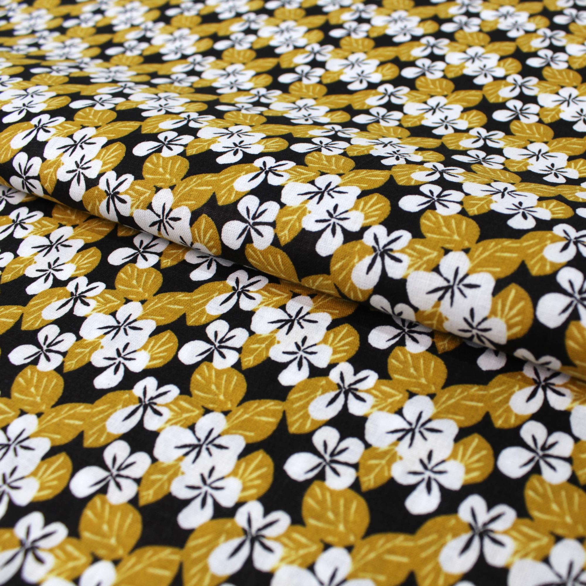 Stoff Meterware Blumenwiese Gold auf Schwarz Baumwolle