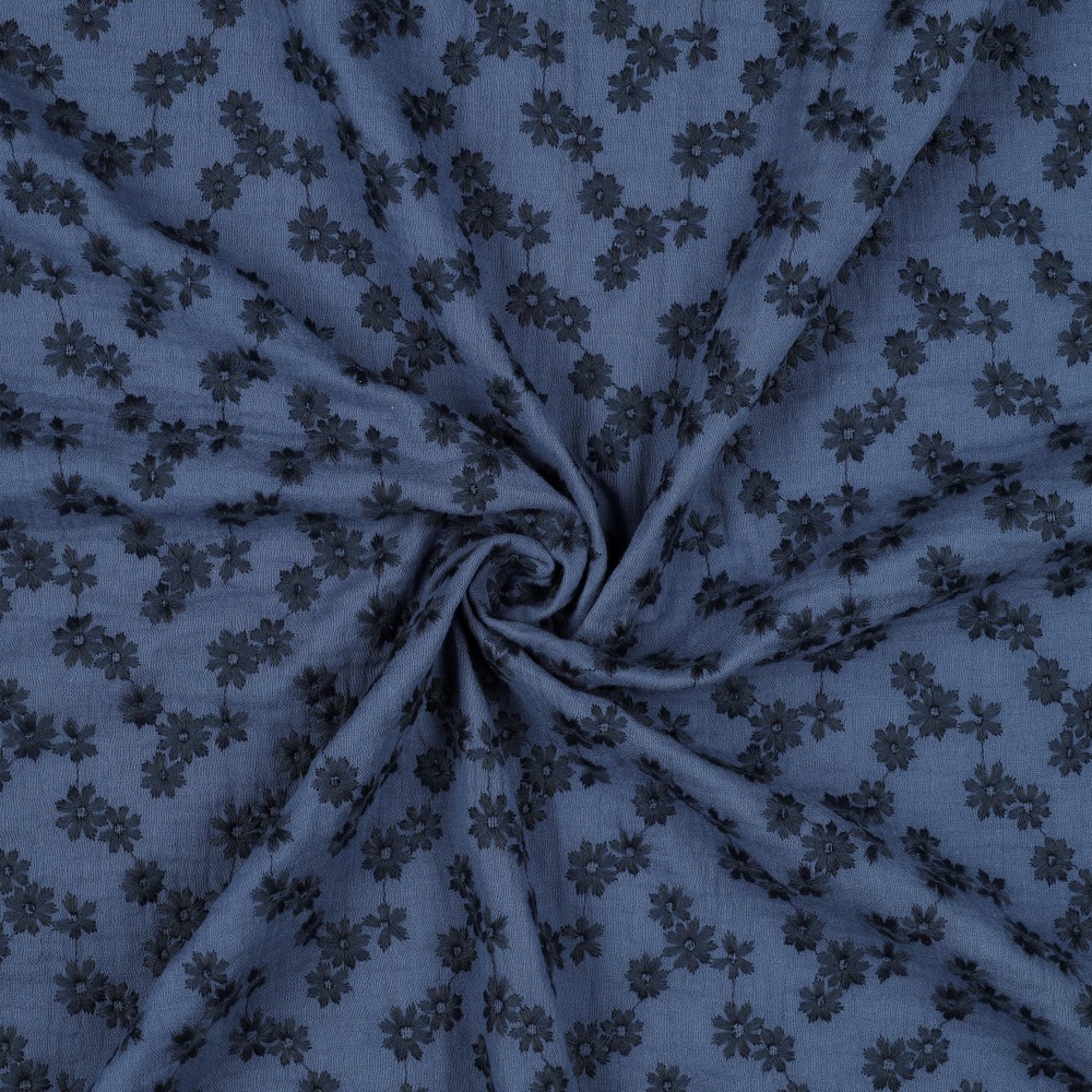 Stoff Meterware Blumen Stickerei Jeans Blau Musselin