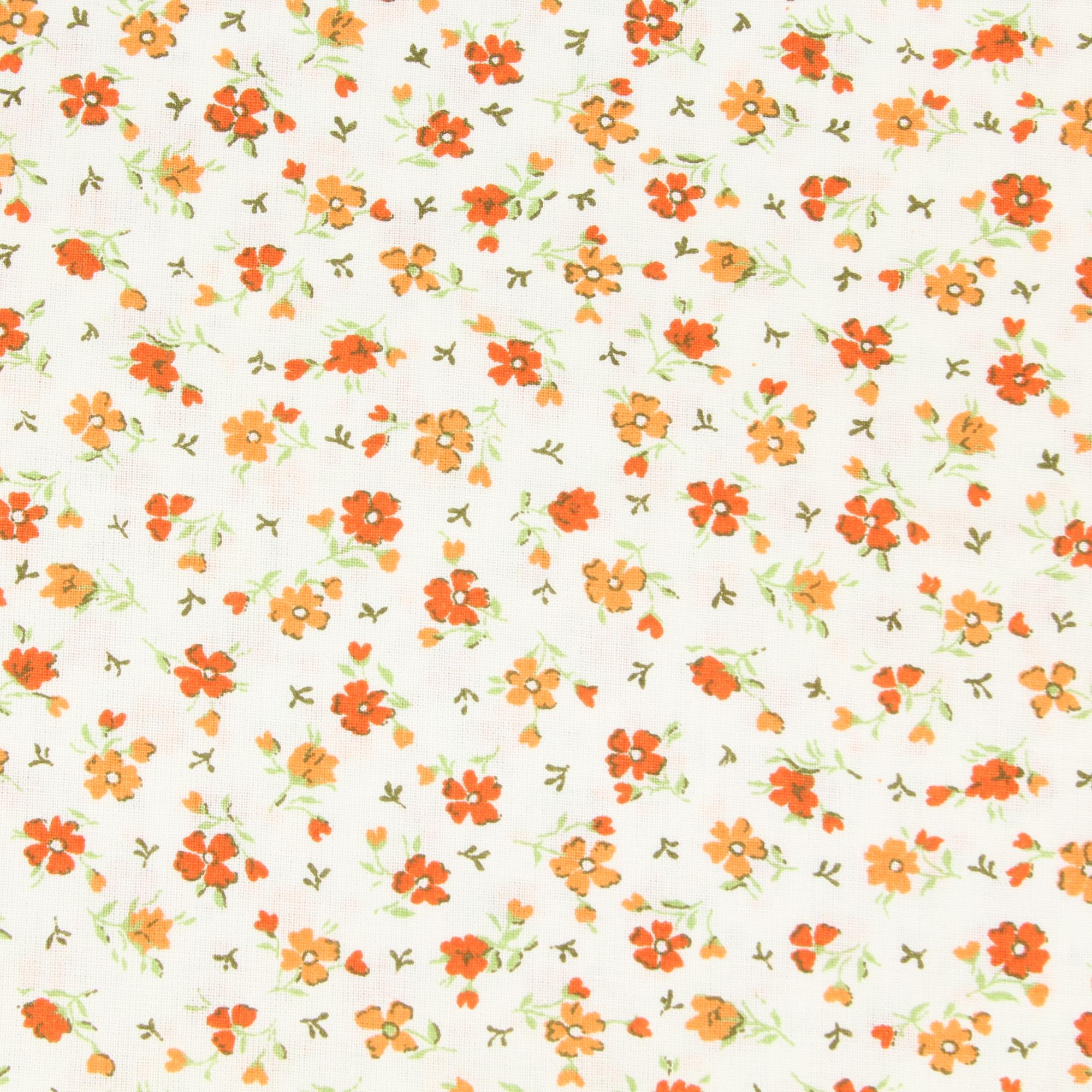 Stoff Meterware Blumen Blüten Orange Grün auf Weiß Baumwolle